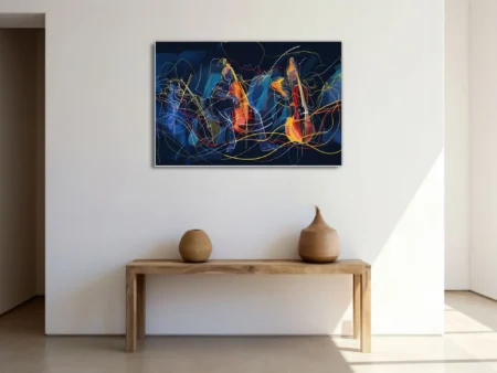 Abstract line-art string musicians in navy, yellow, and crimson — contemporary music wall art