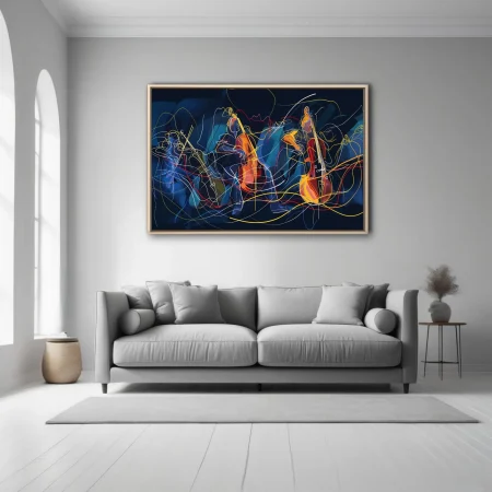 Abstract line-art string musicians in navy, yellow, and crimson — contemporary music wall art