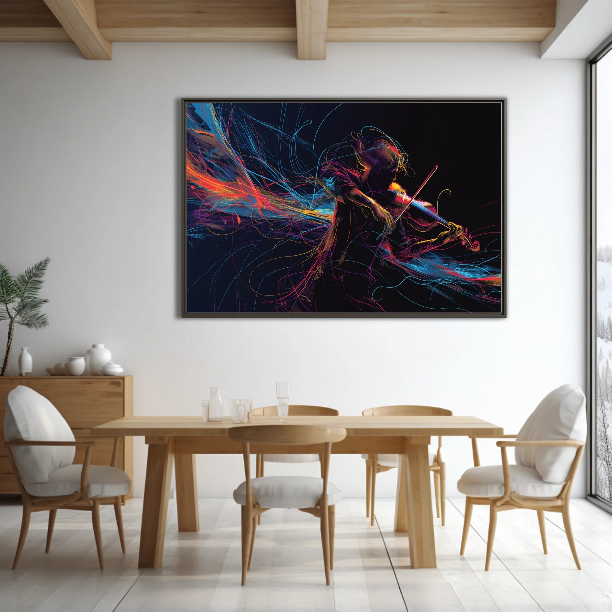 Neon line-art violinist on black, swirling magenta cyan gold ribbons, vibrant contemporary music illustration