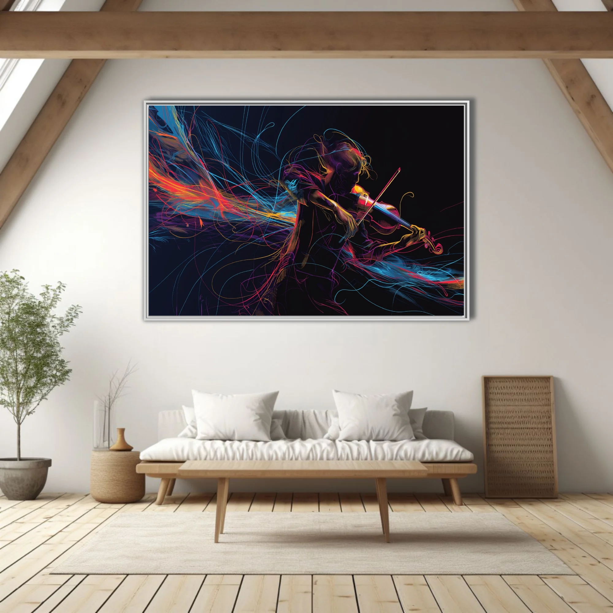 Neon line-art violinist on black, swirling magenta cyan gold ribbons, vibrant contemporary music illustration
