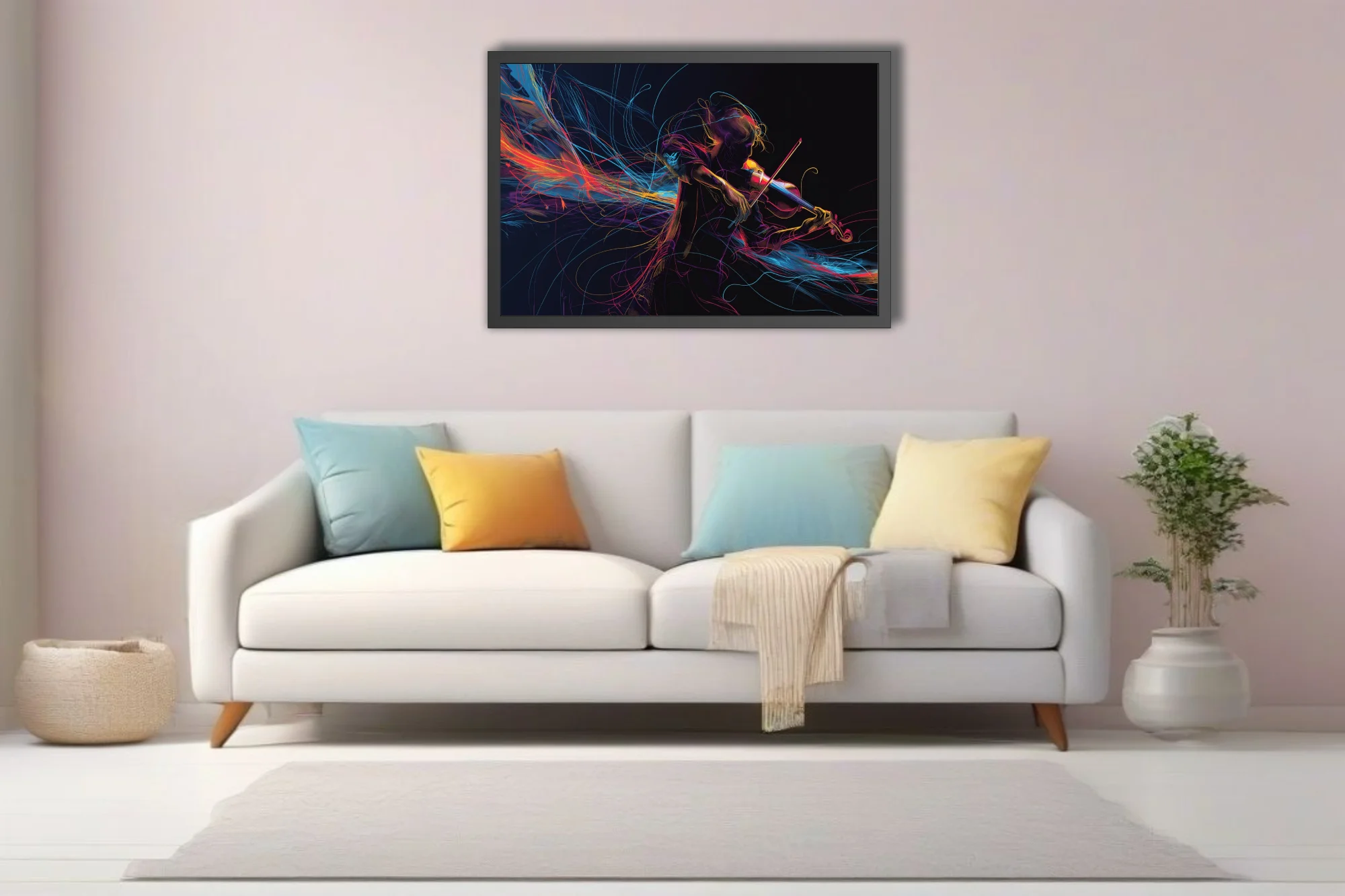 Neon line-art violinist on black, swirling magenta cyan gold ribbons, vibrant contemporary music illustration