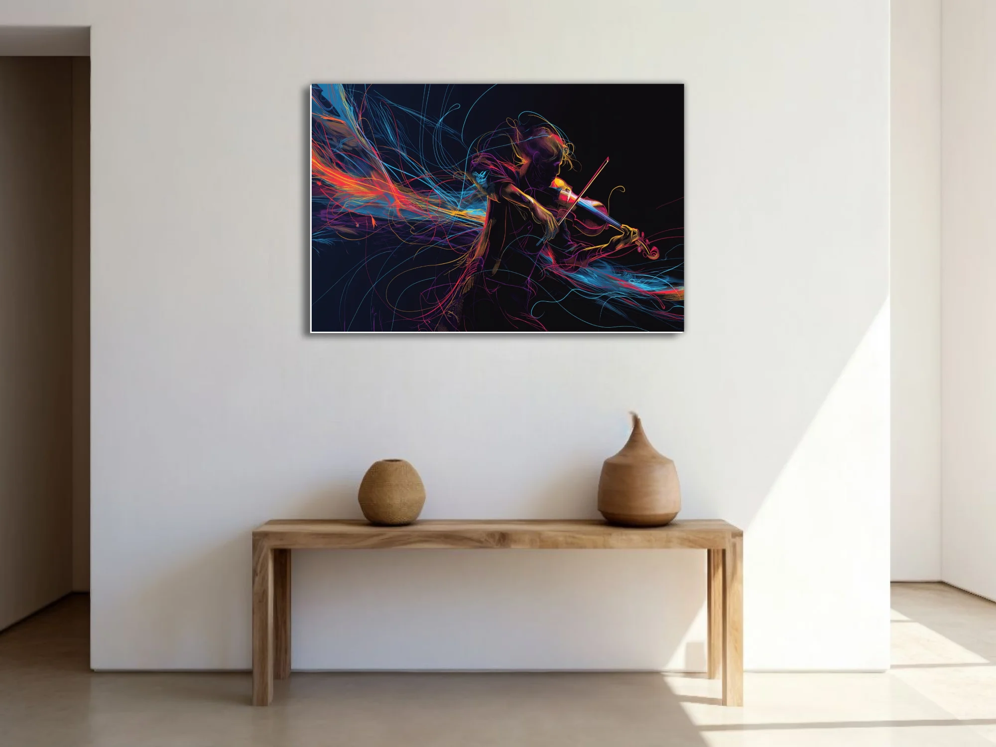 Neon line-art violinist on black, swirling magenta cyan gold ribbons, vibrant contemporary music illustration