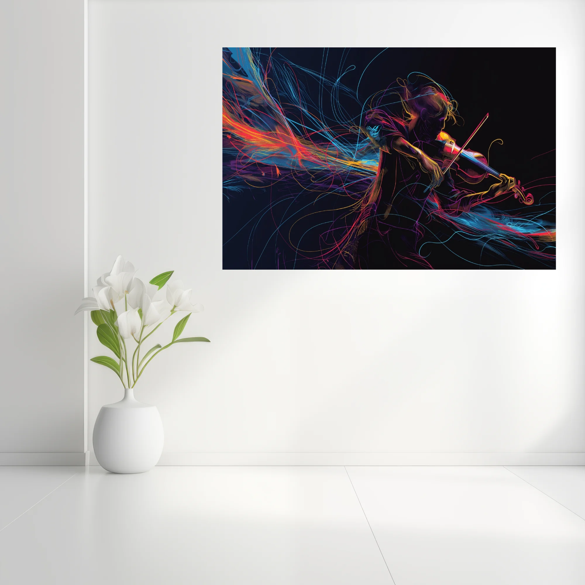 Neon line-art violinist on black, swirling magenta cyan gold ribbons, vibrant contemporary music illustration