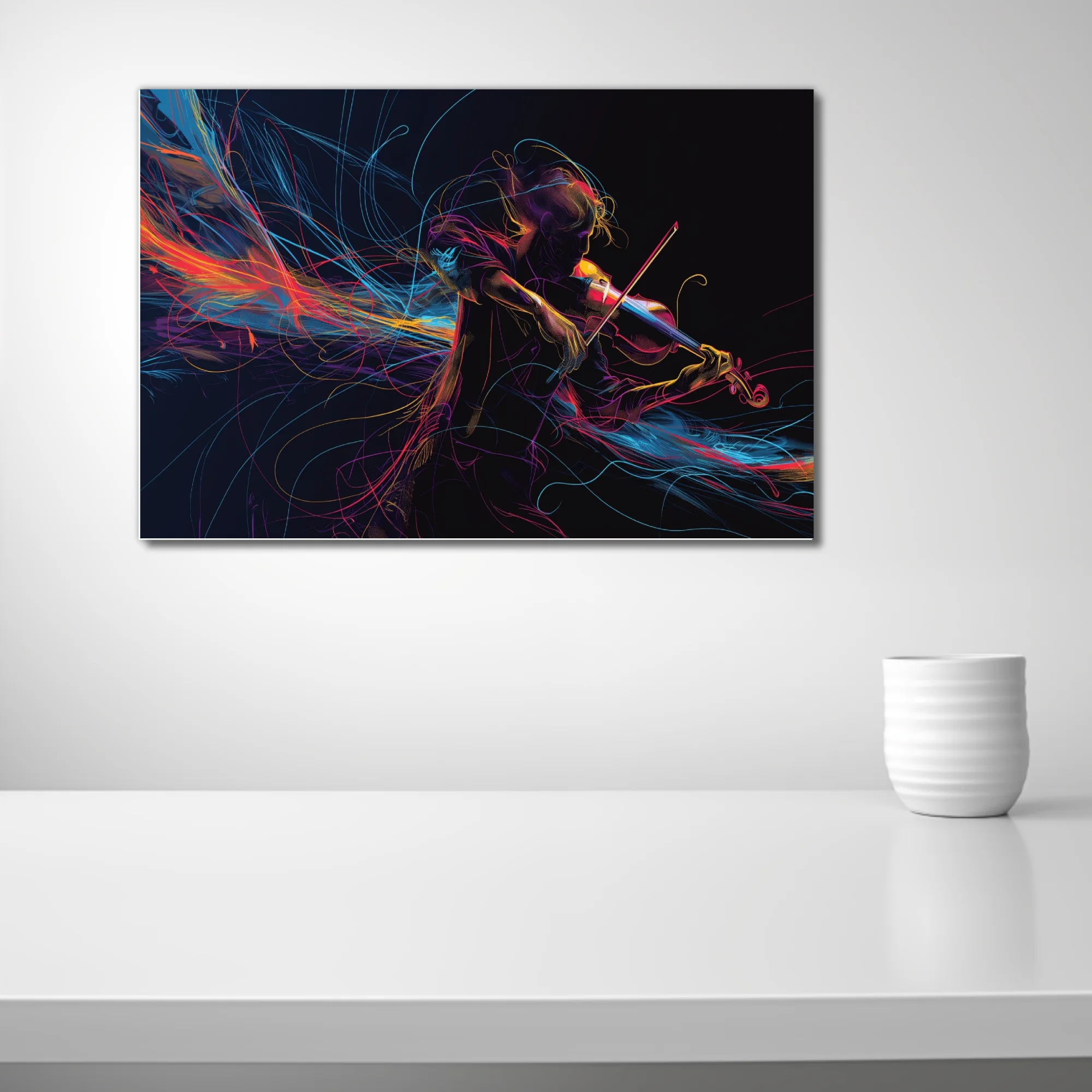 Neon line-art violinist on black, swirling magenta cyan gold ribbons, vibrant contemporary music illustration