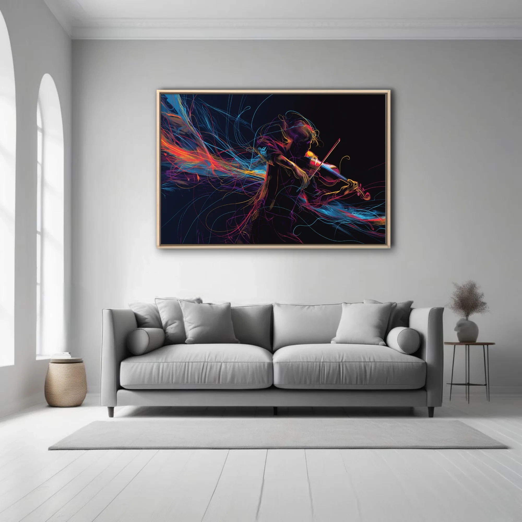 Neon line-art violinist on black, swirling magenta cyan gold ribbons, vibrant contemporary music illustration