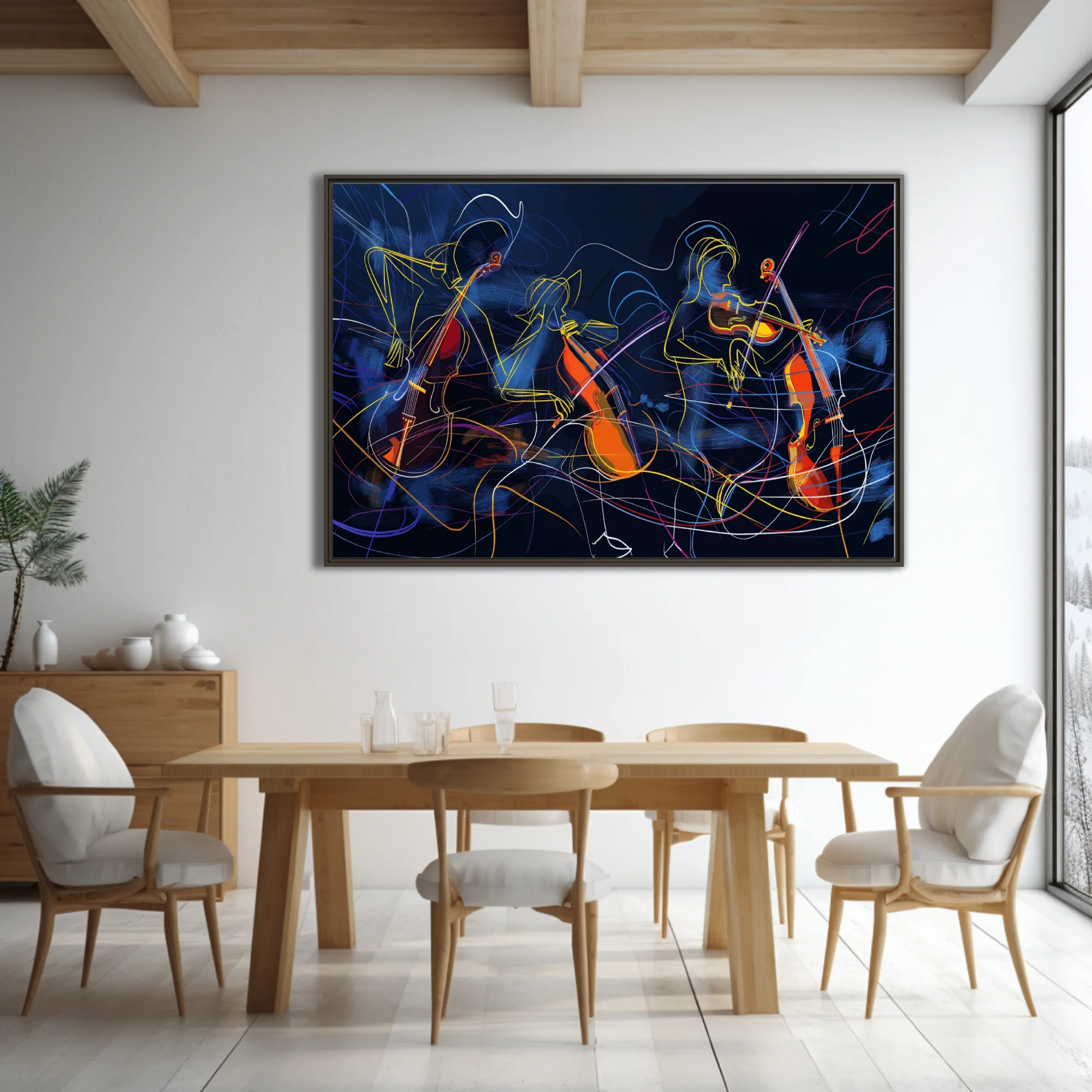 Abstract line-art string musicians in neon yellow and orange on midnight blue, kinetic modern wall art