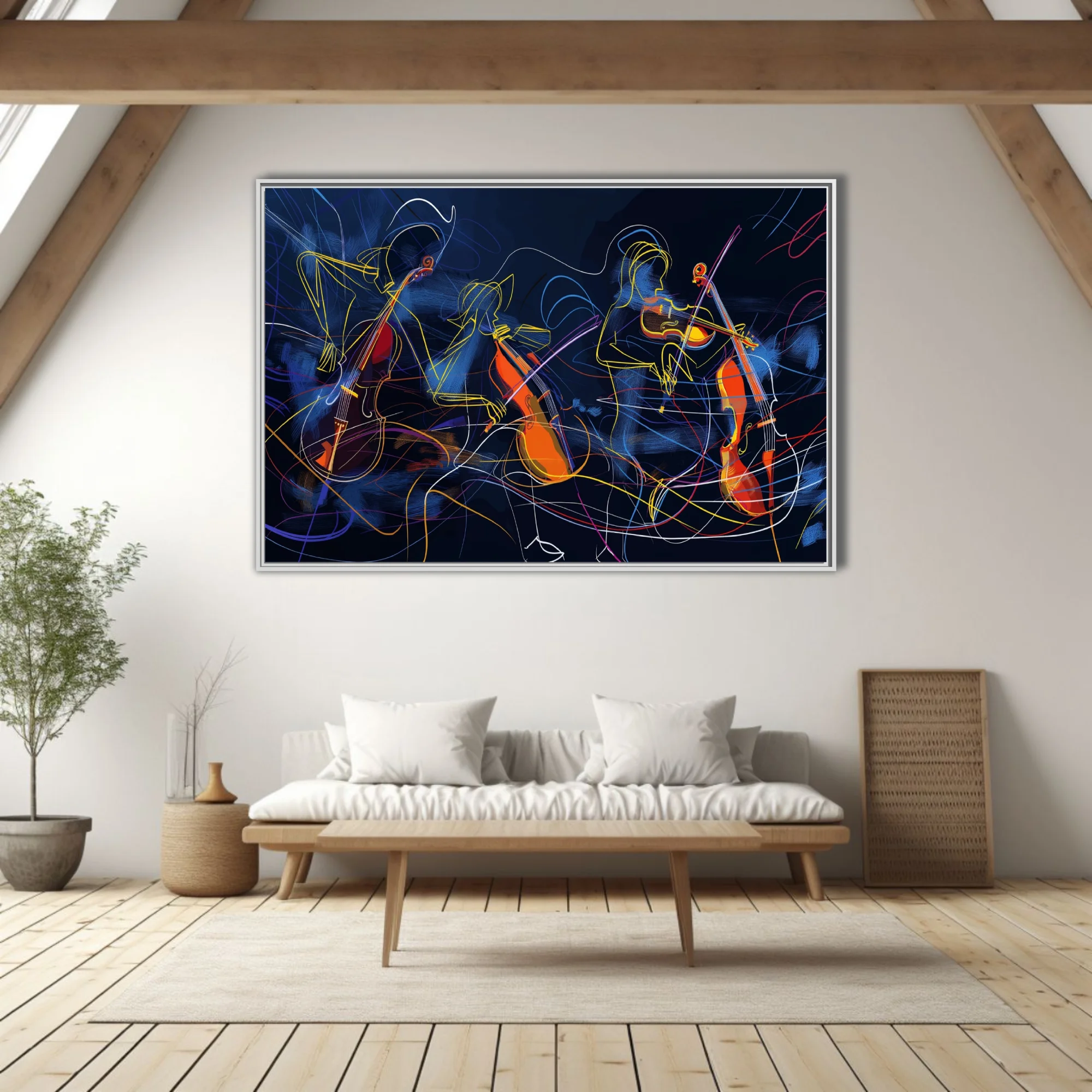Abstract line-art string musicians in neon yellow and orange on midnight blue, kinetic modern wall art