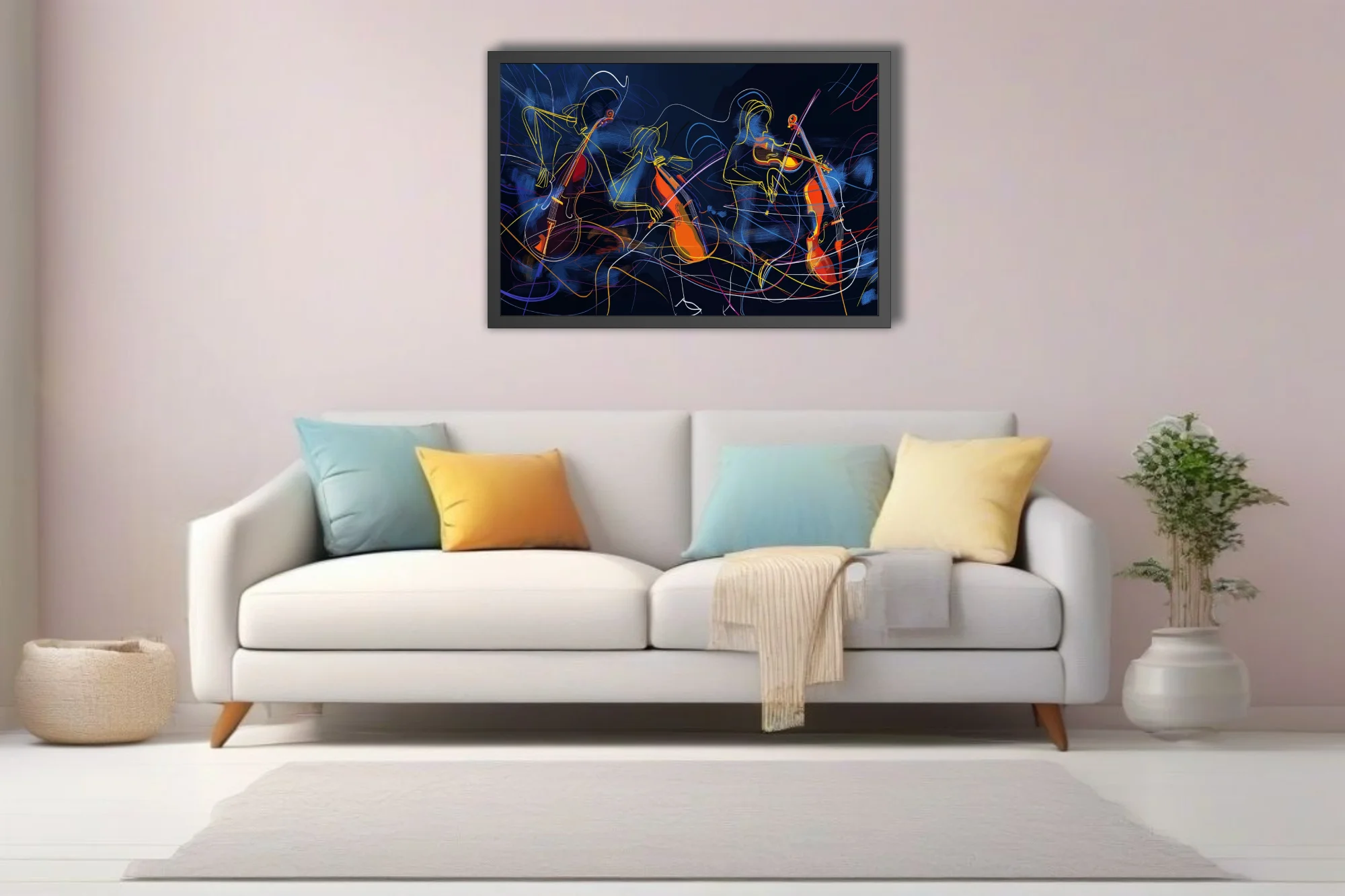Abstract line-art string musicians in neon yellow and orange on midnight blue, kinetic modern wall art