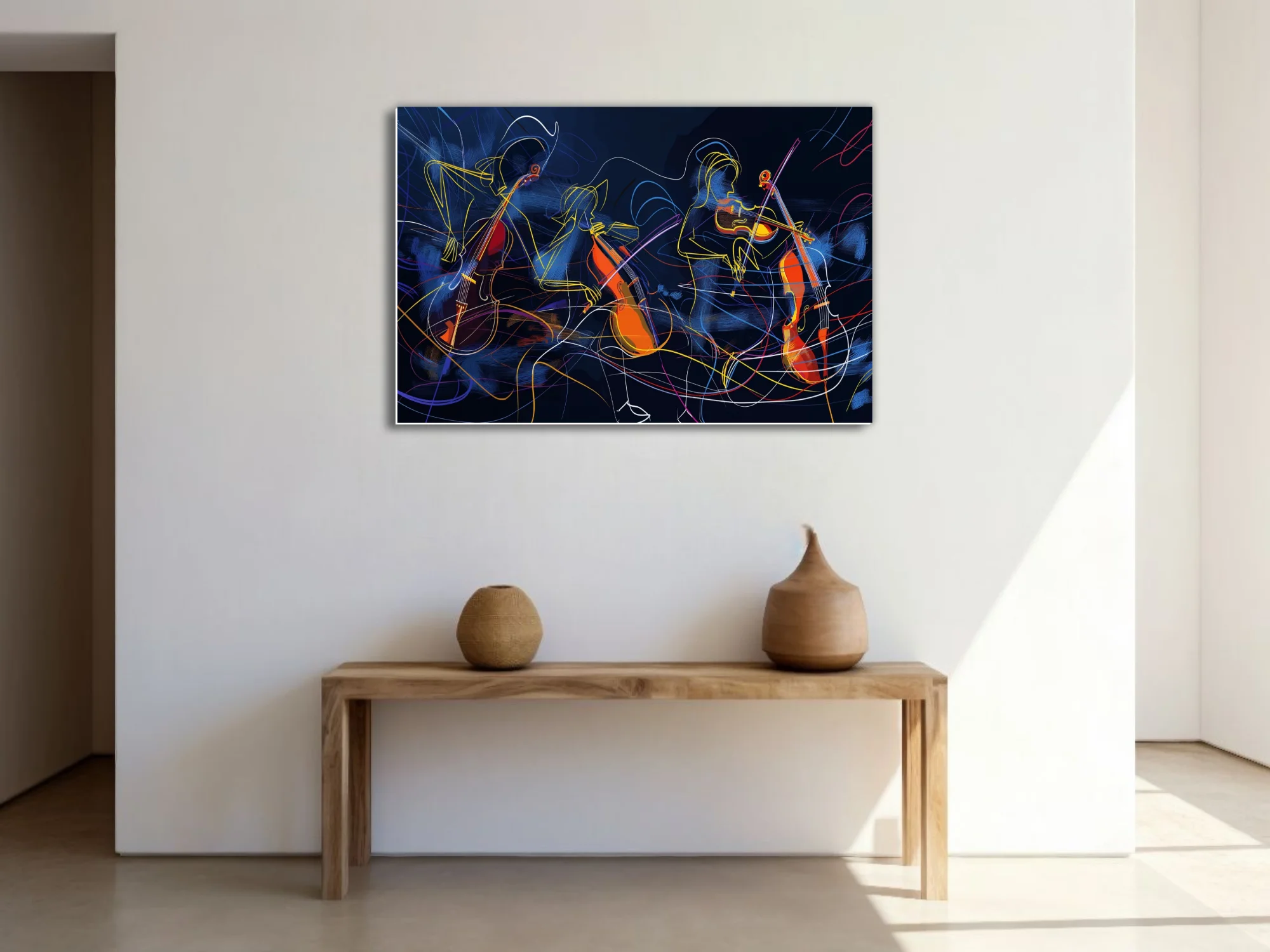 Abstract line-art string musicians in neon yellow and orange on midnight blue, kinetic modern wall art