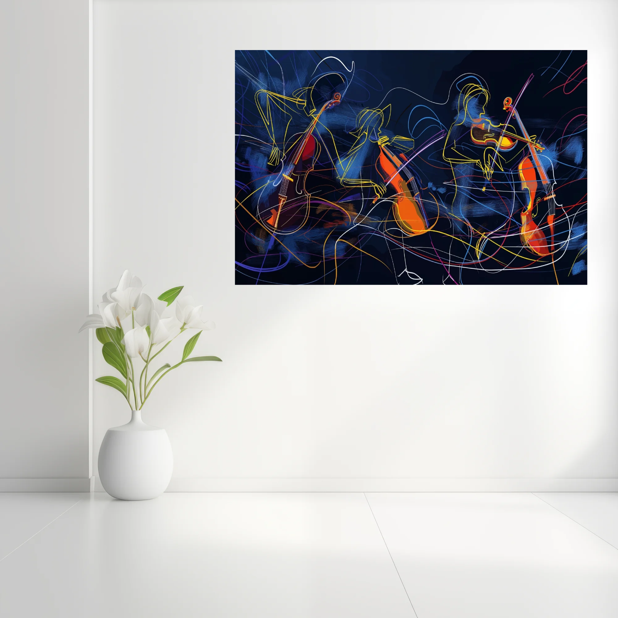 Abstract line-art string musicians in neon yellow and orange on midnight blue, kinetic modern wall art