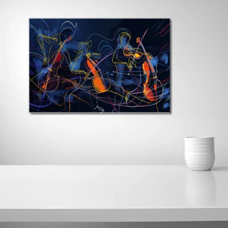 Abstract line-art string musicians in neon yellow and orange on midnight blue, kinetic modern wall art