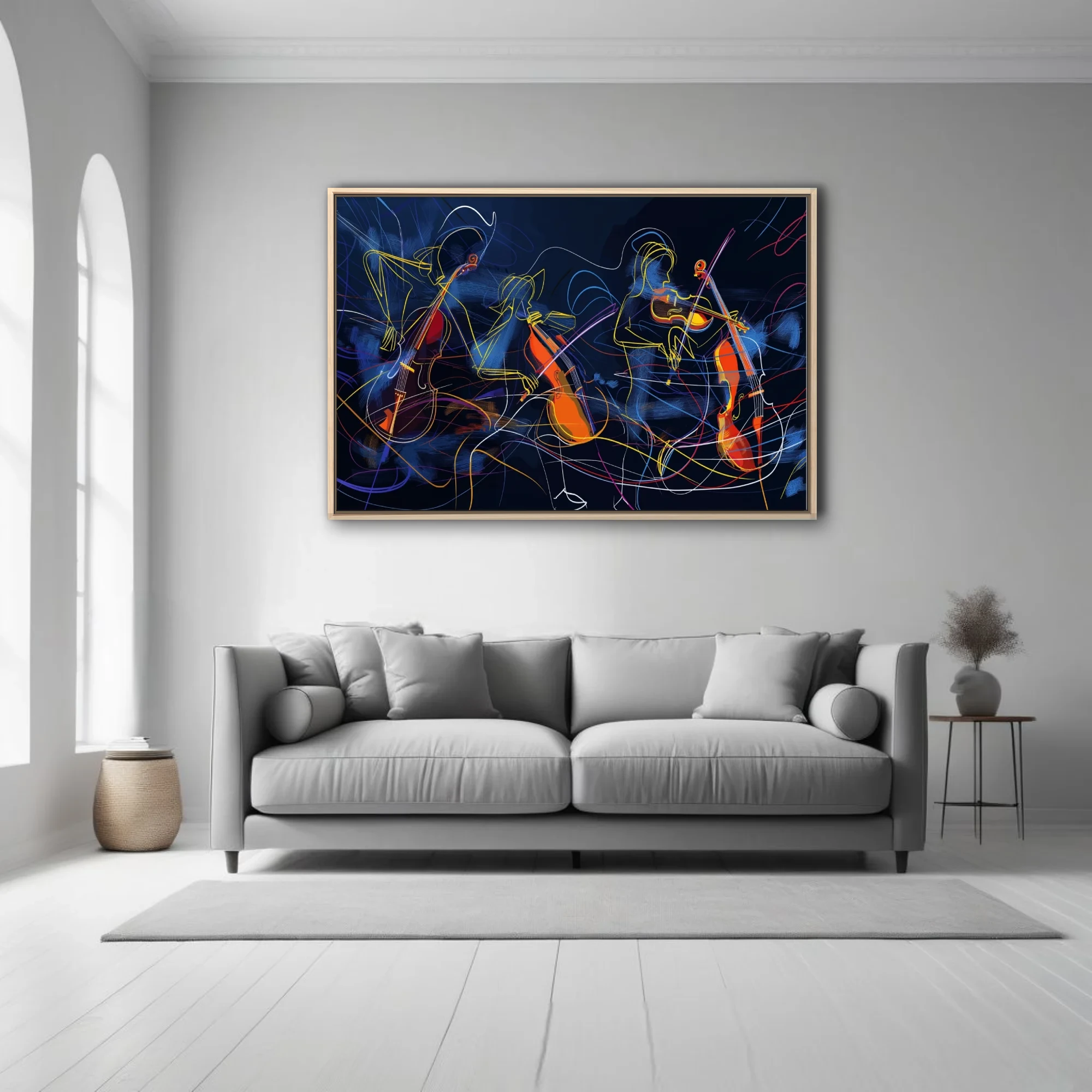 Abstract line-art string musicians in neon yellow and orange on midnight blue, kinetic modern wall art