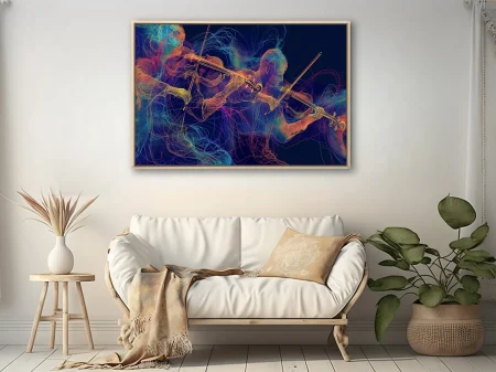 Neon wire-frame violinists abstract illustration electric gold blue swirling lines