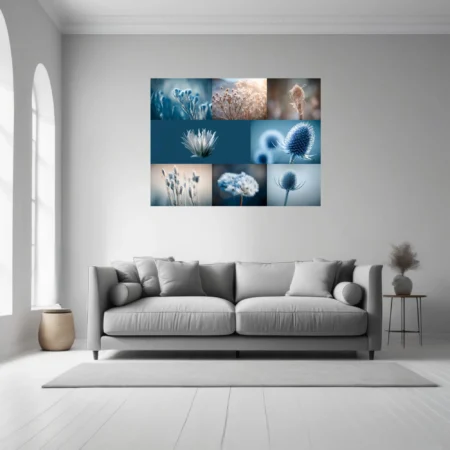 Macro botanical collage blue thistle dried wildflowers frost-toned minimalist wall art