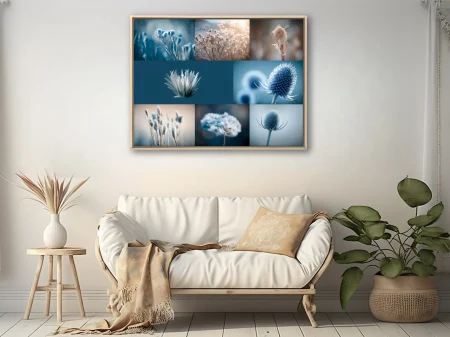 Macro botanical collage blue thistle dried wildflowers frost-toned minimalist wall art