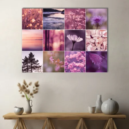 Pink and purple nature photo collage with flowers, landscapes, and botanicals