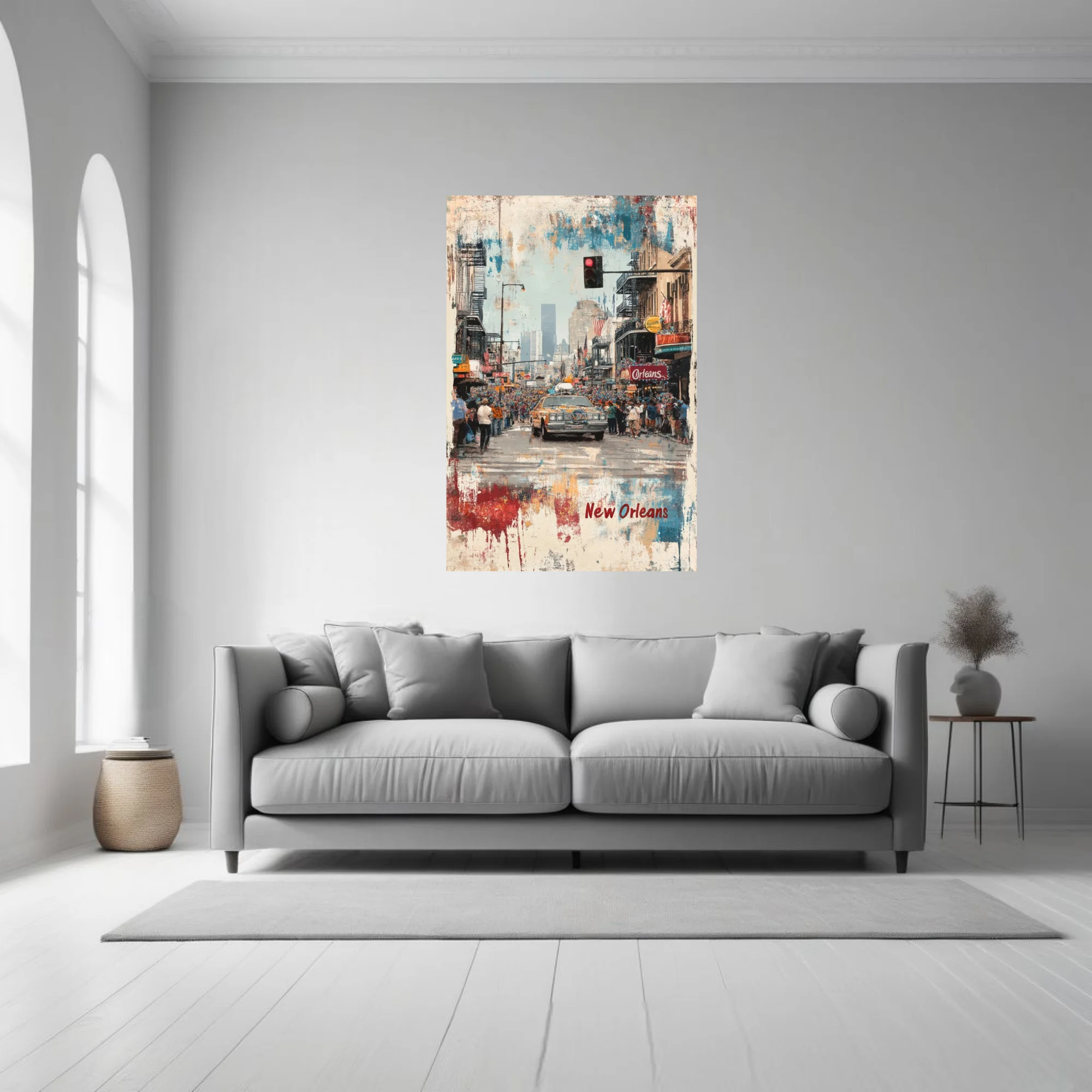 Grunge bold-graphic New Orleans parade street scene with vibrant crowd and bold colors