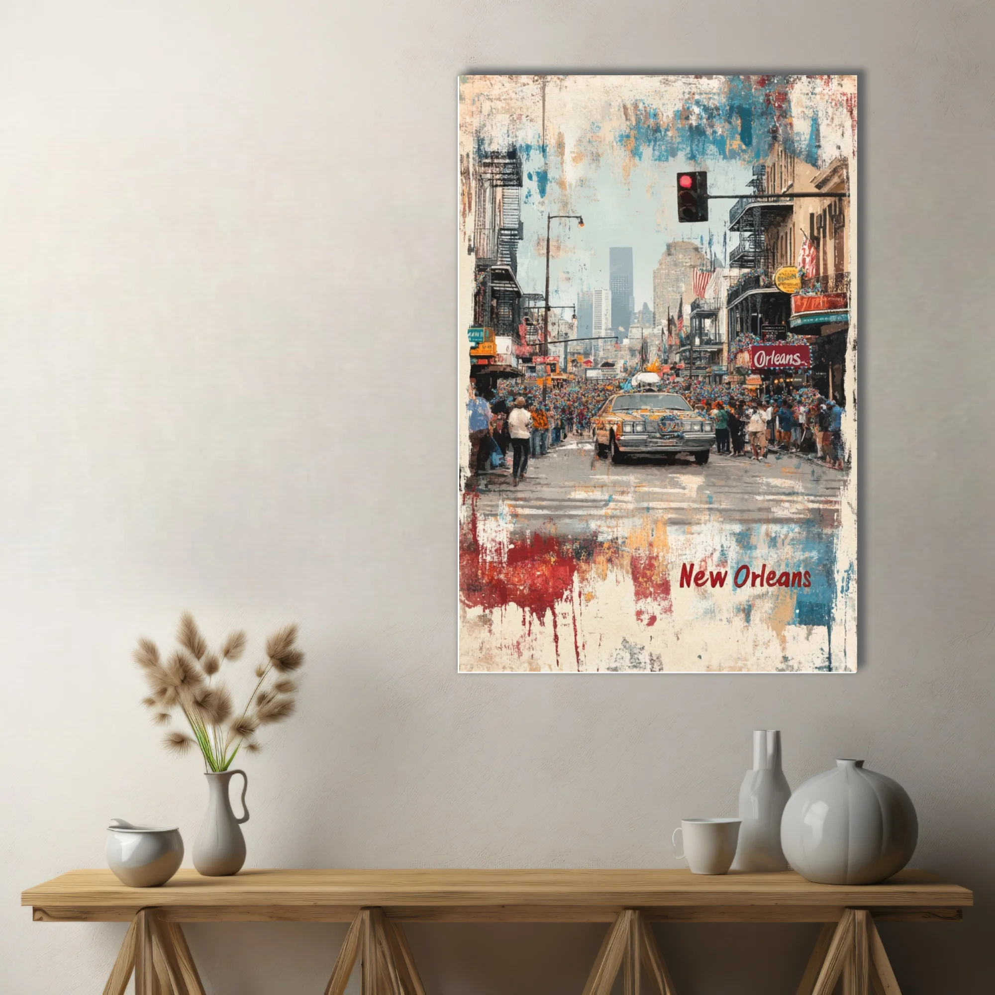 Grunge bold-graphic New Orleans parade street scene with vibrant crowd and bold colors