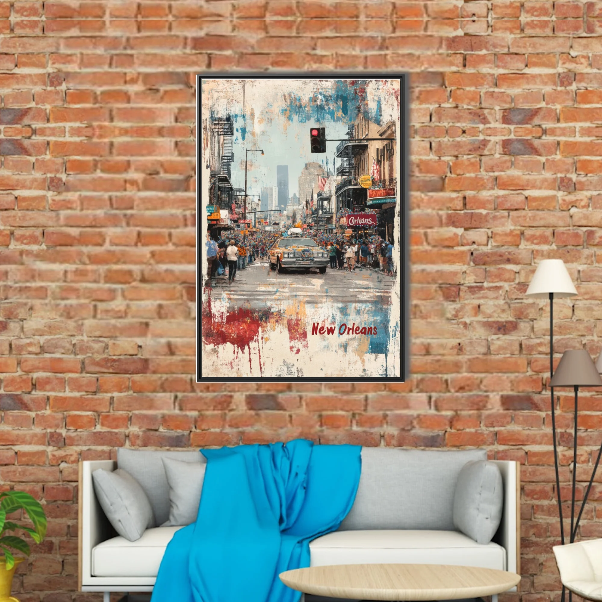 Grunge bold-graphic New Orleans parade street scene with vibrant crowd and bold colors
