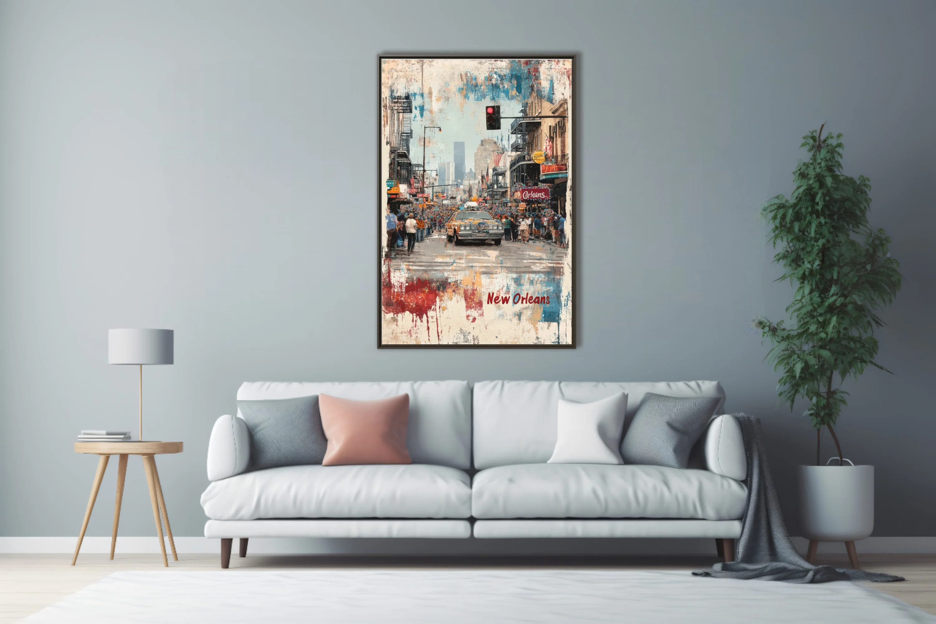 Grunge bold-graphic New Orleans parade street scene with vibrant crowd and bold colors