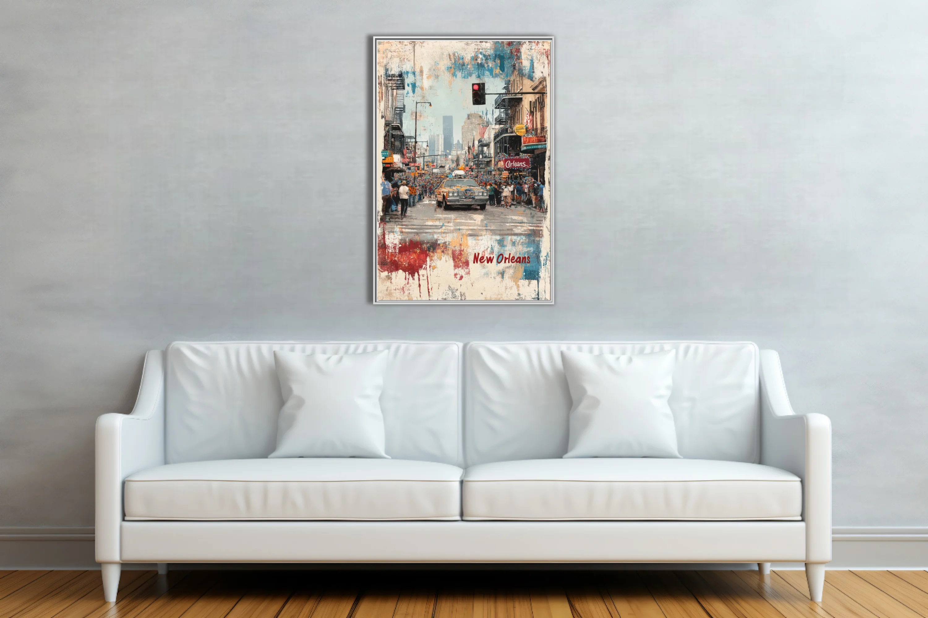 Grunge bold-graphic New Orleans parade street scene with vibrant crowd and bold colors