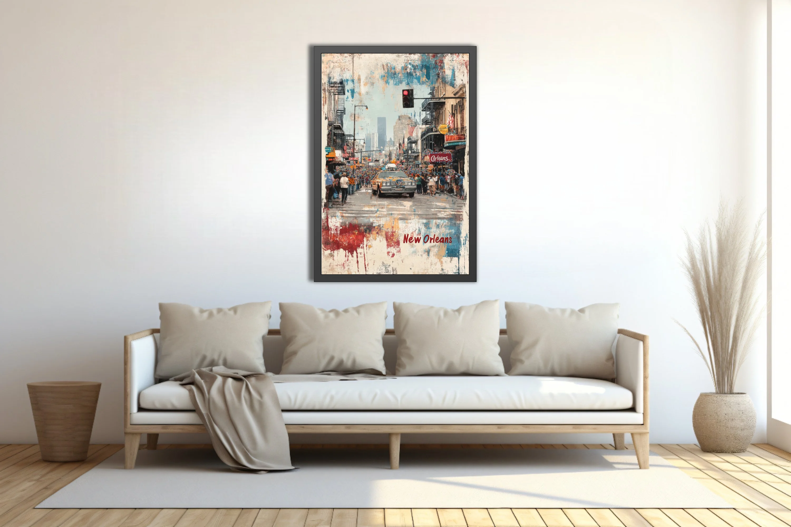 Grunge bold-graphic New Orleans parade street scene with vibrant crowd and bold colors