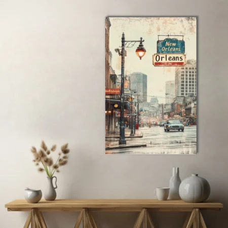 Vintage-style New Orleans street scene with warm amber lamplight and distressed textures