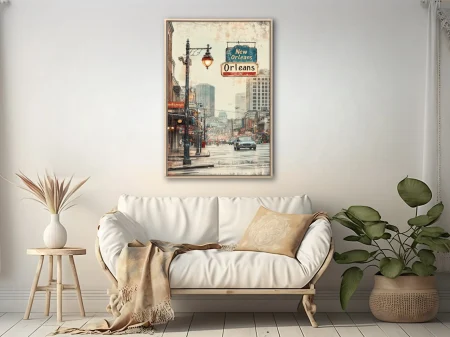 Vintage-style New Orleans street scene with warm amber lamplight and distressed textures