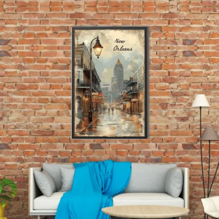 Vintage New Orleans travel poster with French Quarter balconies, gas lamp and rainy street in sepia tones