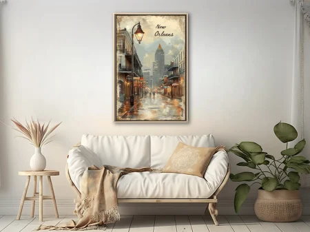 Vintage New Orleans travel poster with French Quarter balconies, gas lamp and rainy street in sepia tones