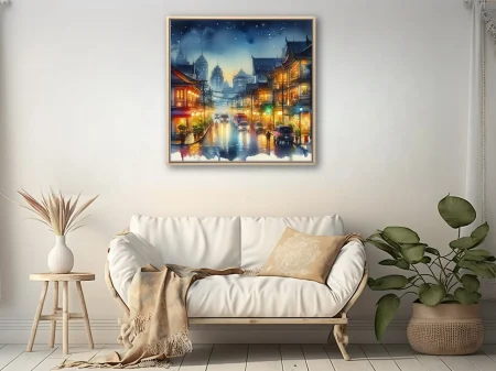 Watercolor-style East Asian city street at night, glowing lanterns, rain-reflections, moody blue sky