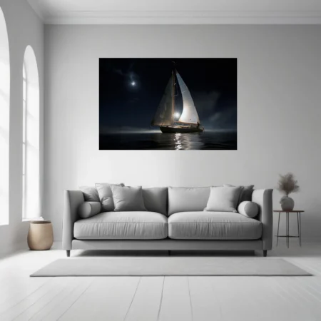 Sailboat at night, illuminated sails against deep indigo sky and calm ocean