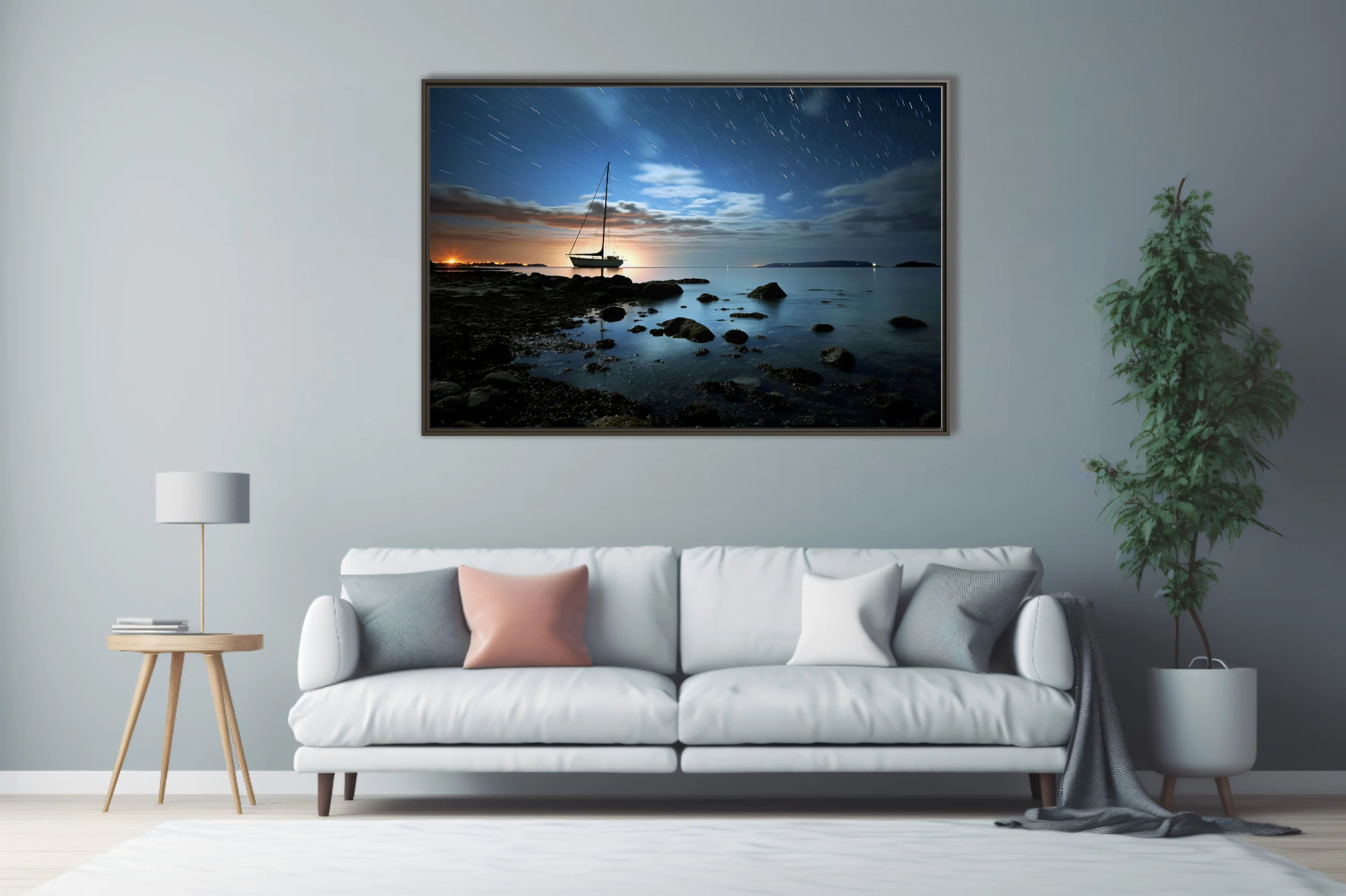 Long-exposure night seascape with sailboat silhouette, star trails, and glowing horizon
