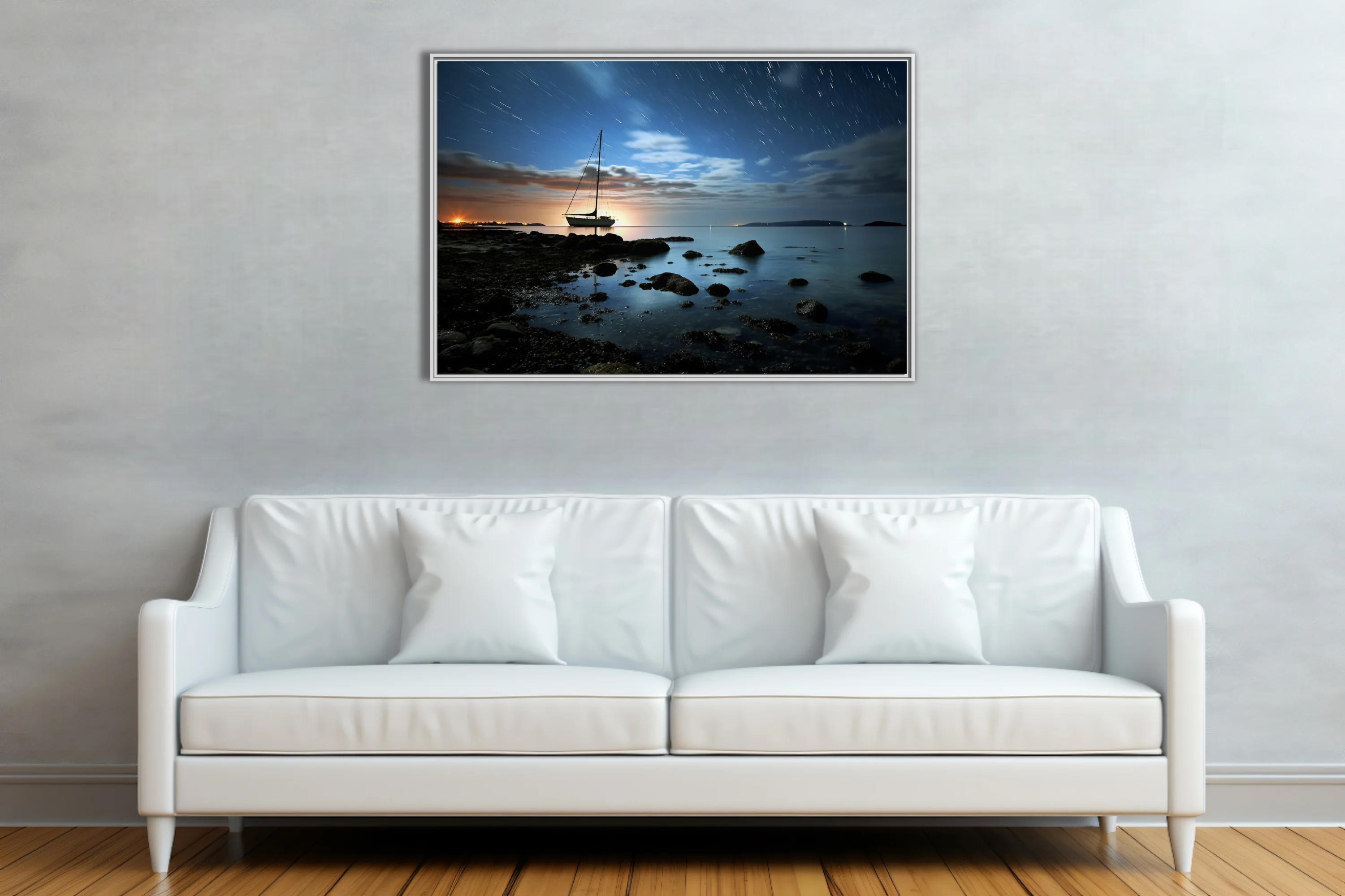 Long-exposure night seascape with sailboat silhouette, star trails, and glowing horizon