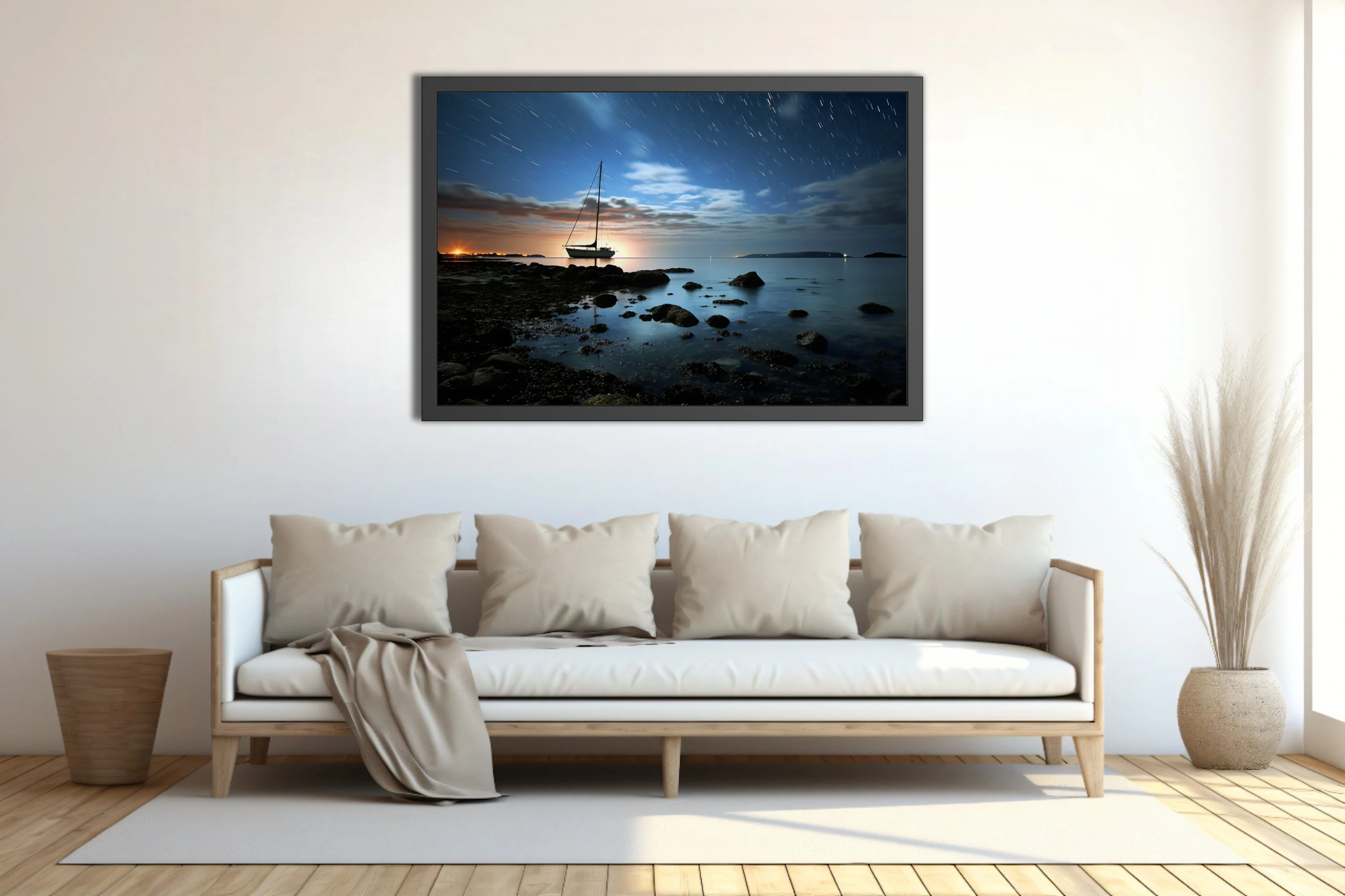 Long-exposure night seascape with sailboat silhouette, star trails, and glowing horizon