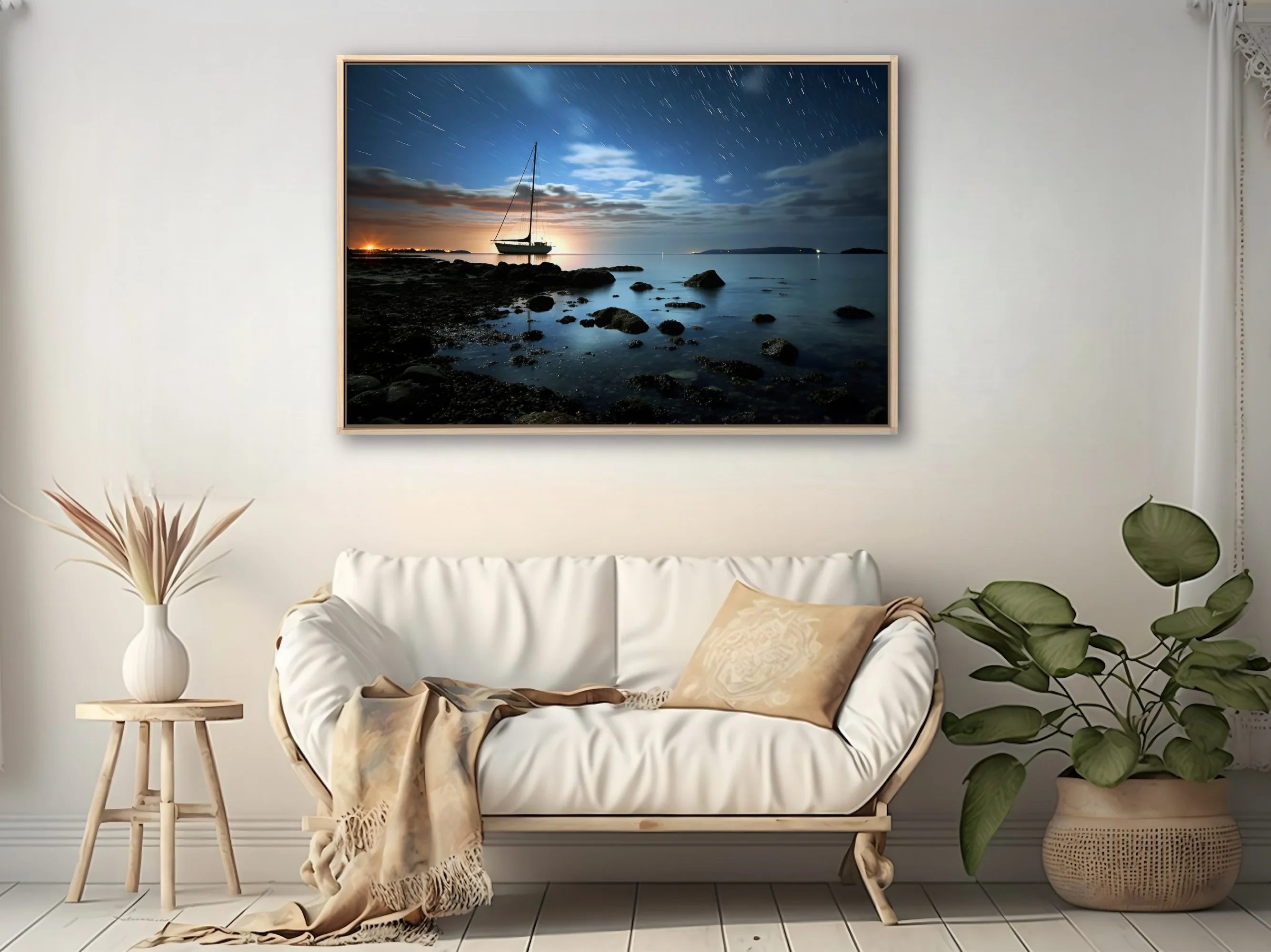 Long-exposure night seascape with sailboat silhouette, star trails, and glowing horizon