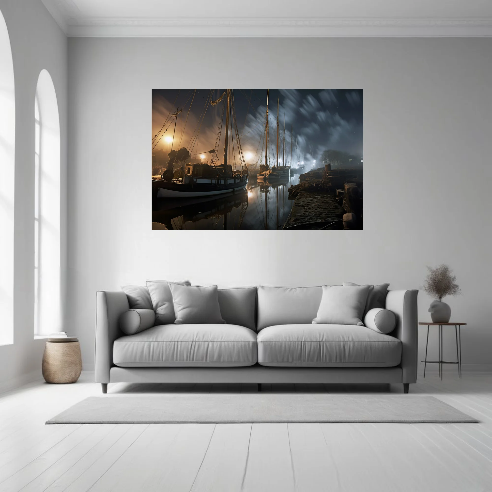 Foggy night harbor with tall-masted vessels, amber dock lights, misty dark sky