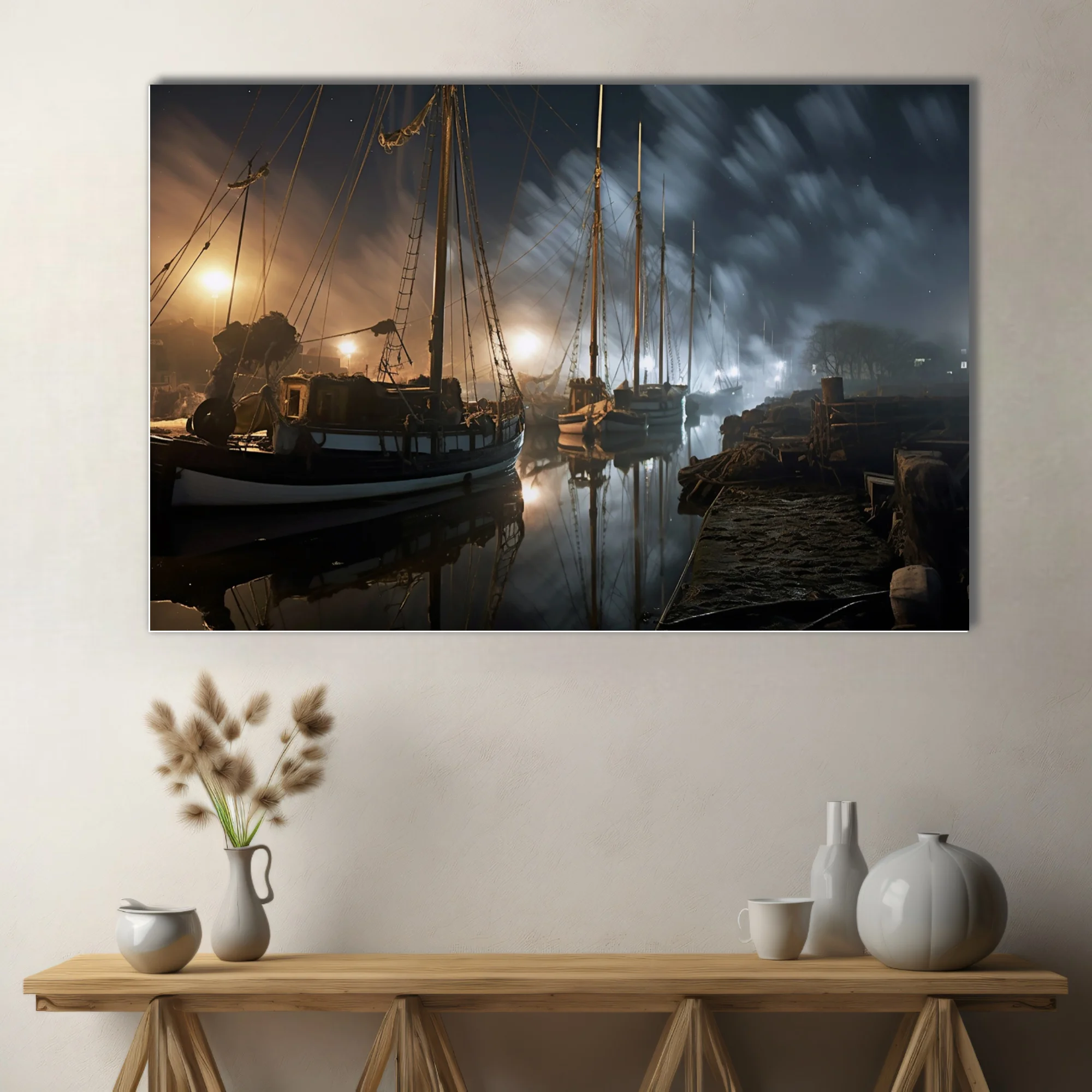 Foggy night harbor with tall-masted vessels, amber dock lights, misty dark sky