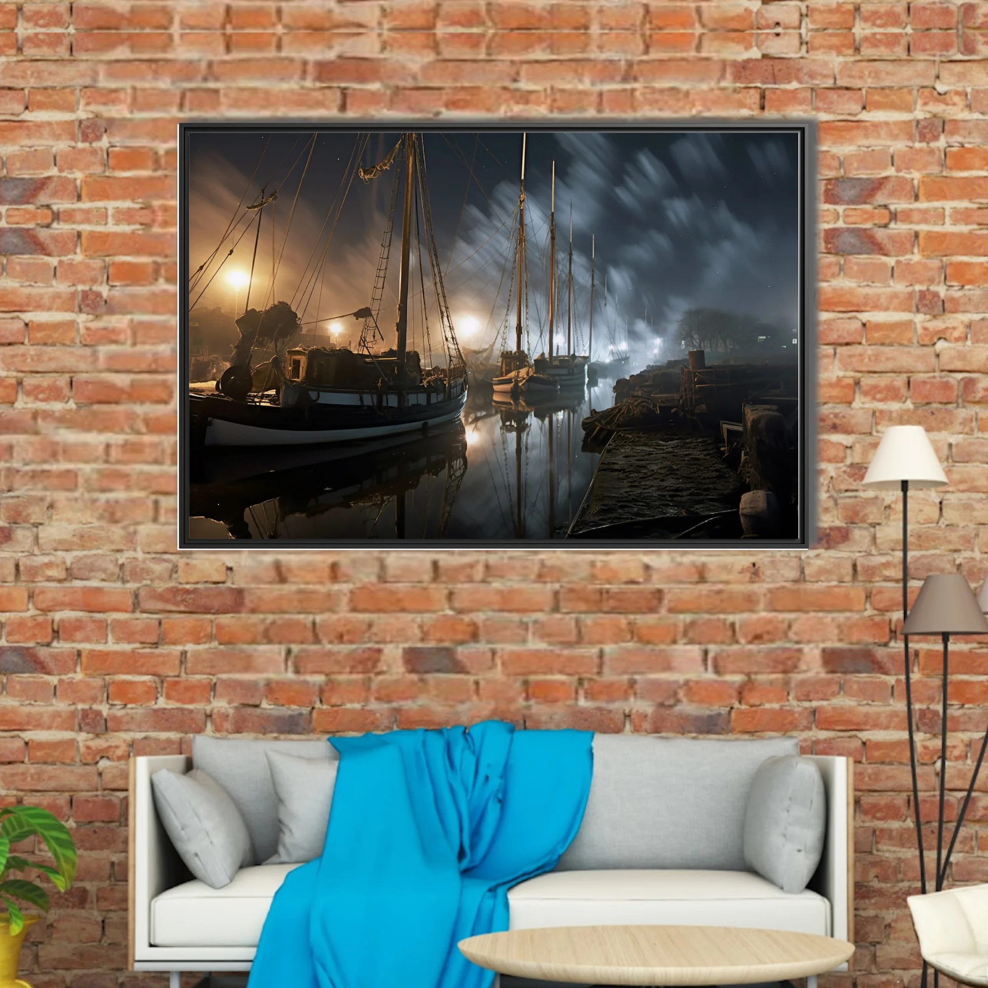 Foggy night harbor with tall-masted vessels, amber dock lights, misty dark sky