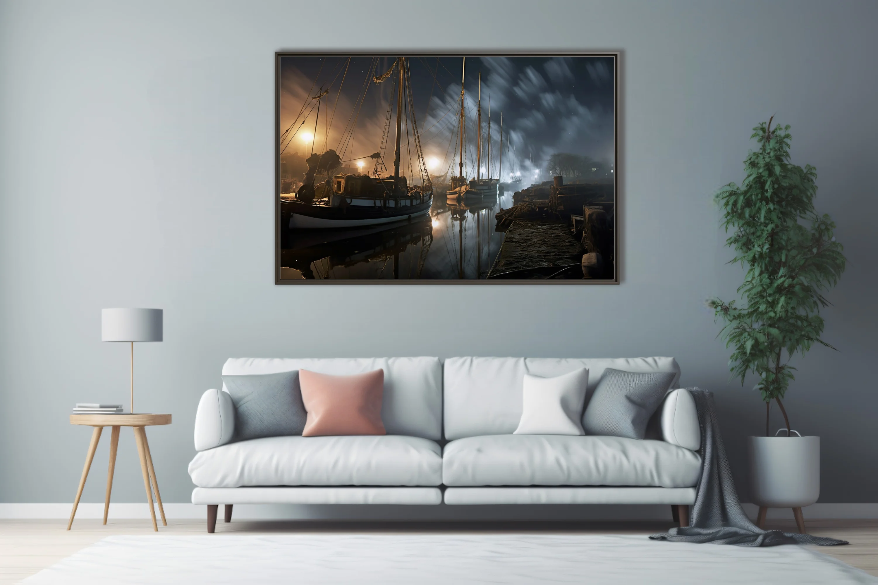 Foggy night harbor with tall-masted vessels, amber dock lights, misty dark sky
