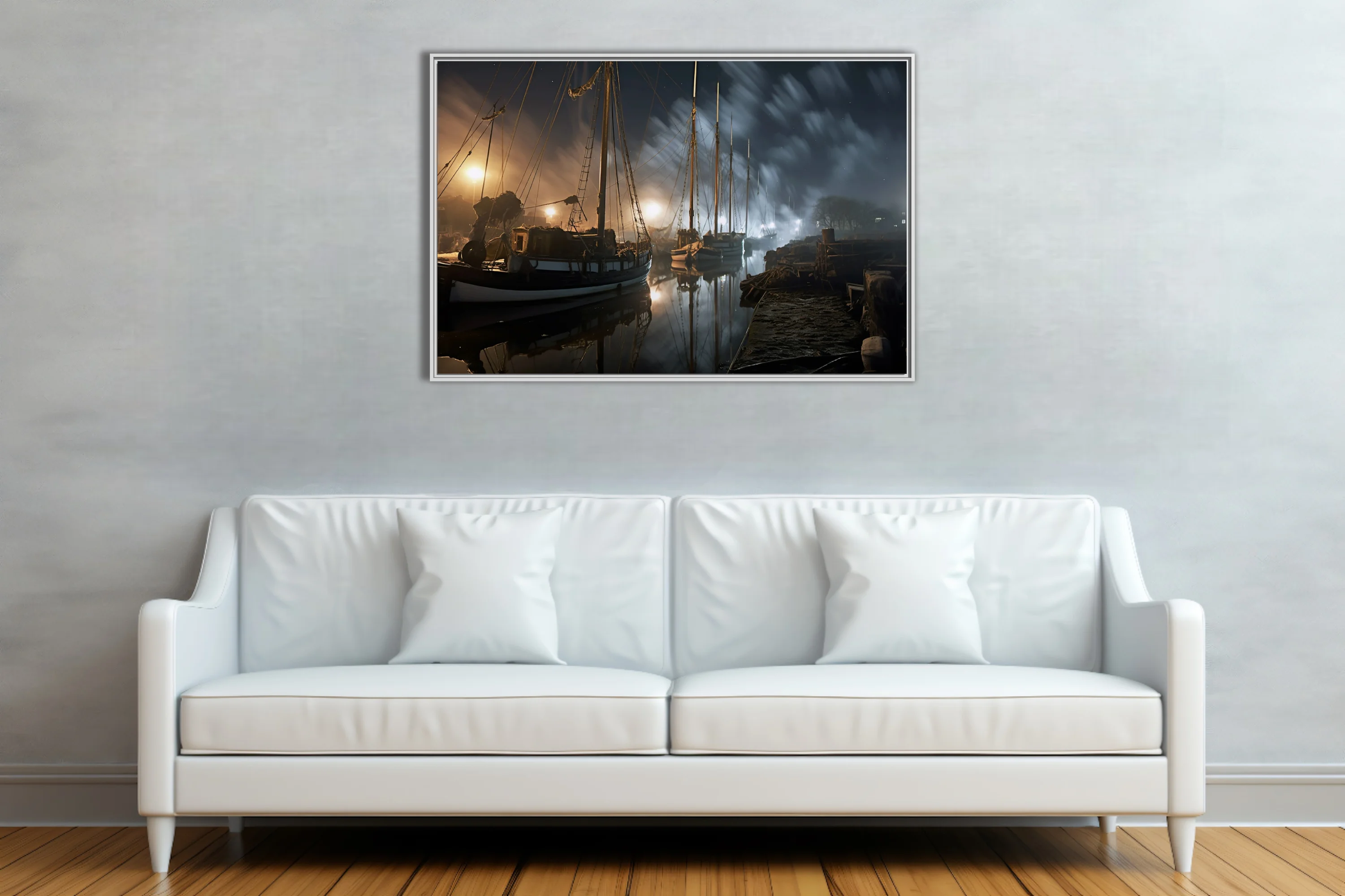 Foggy night harbor with tall-masted vessels, amber dock lights, misty dark sky