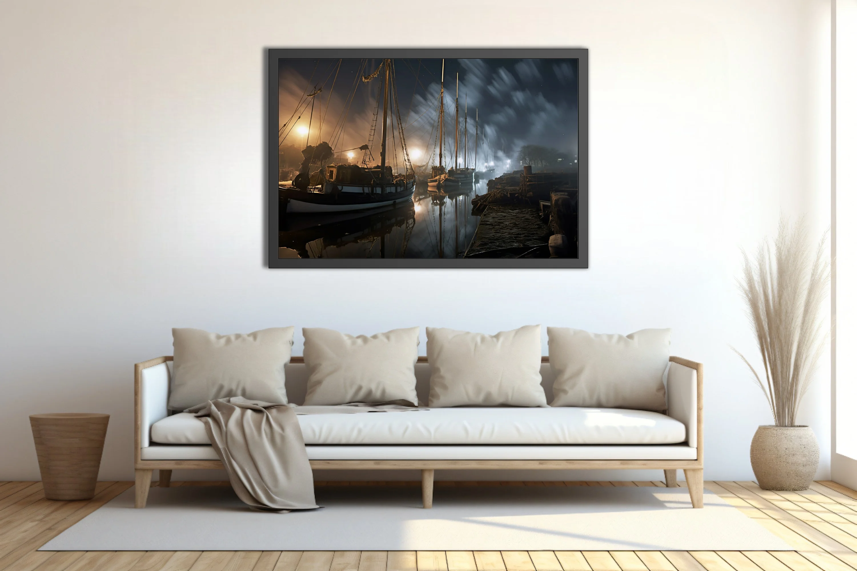 Foggy night harbor with tall-masted vessels, amber dock lights, misty dark sky