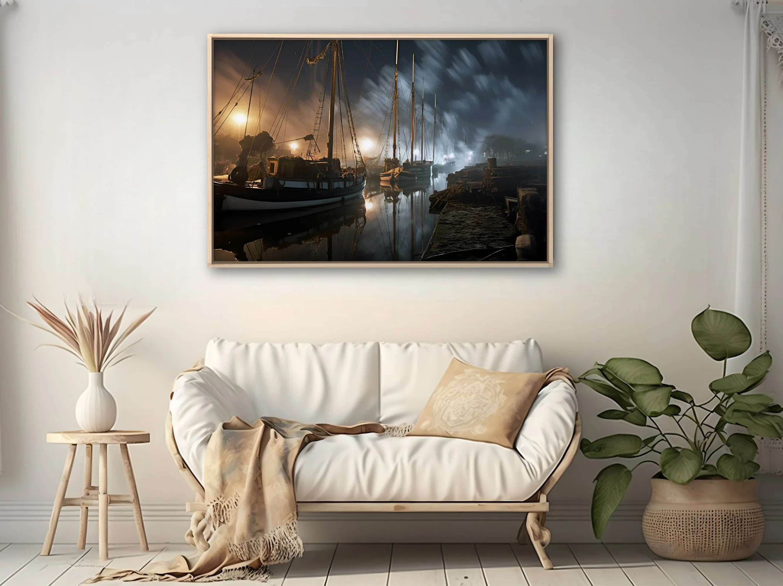Foggy night harbor with tall-masted vessels, amber dock lights, misty dark sky
