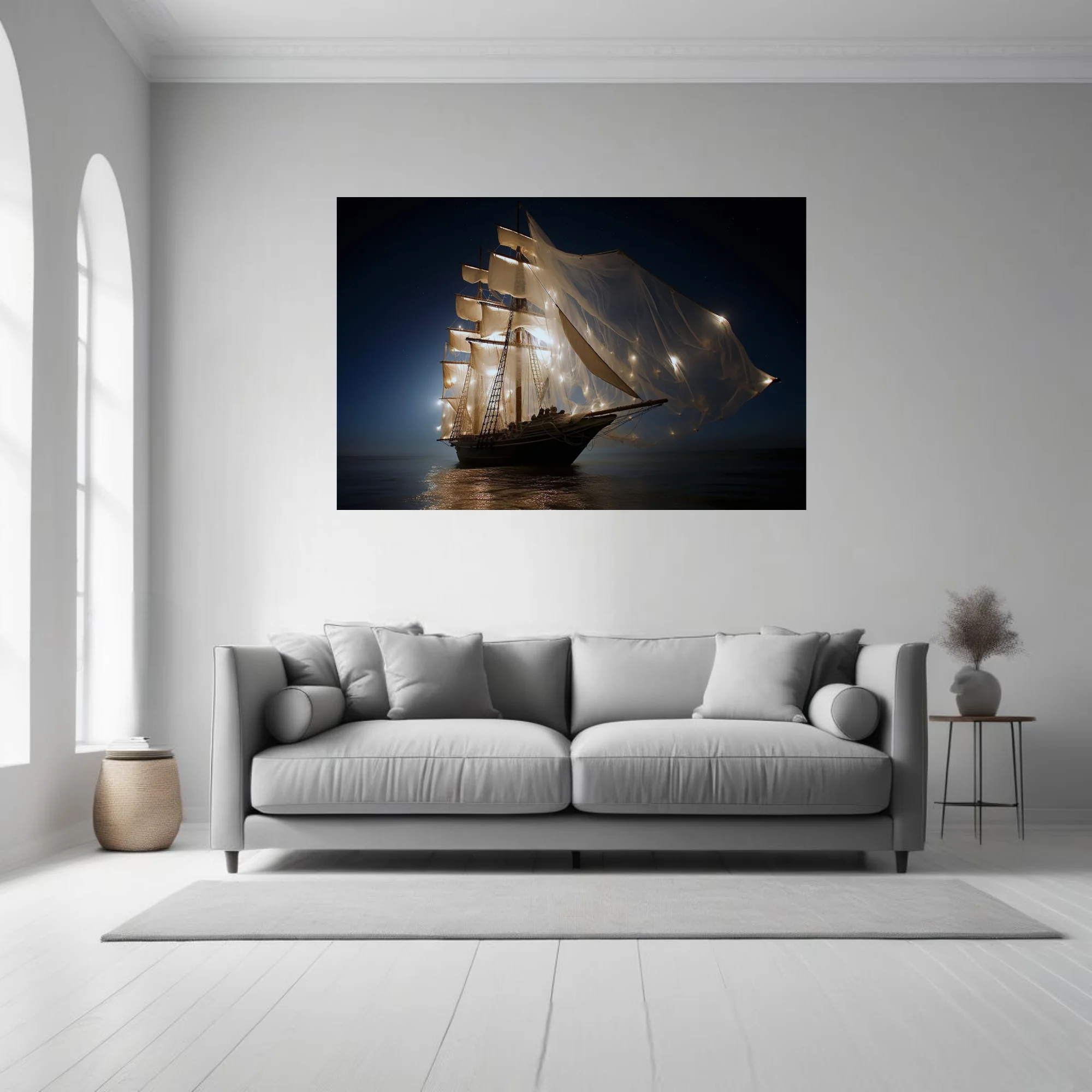 Cinematic tall ship at night with glowing sails and fairy lights on dark ocean