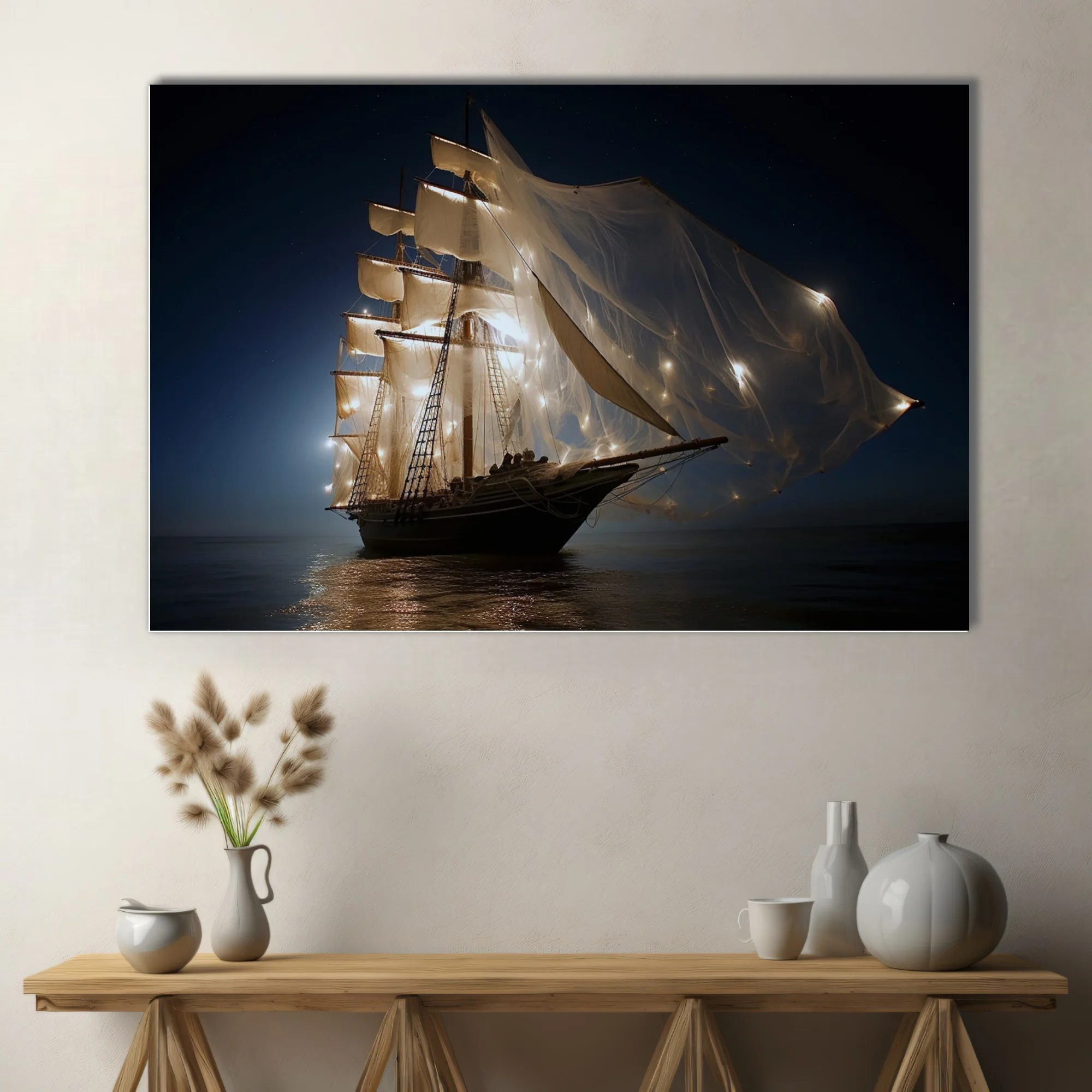 Cinematic tall ship at night with glowing sails and fairy lights on dark ocean