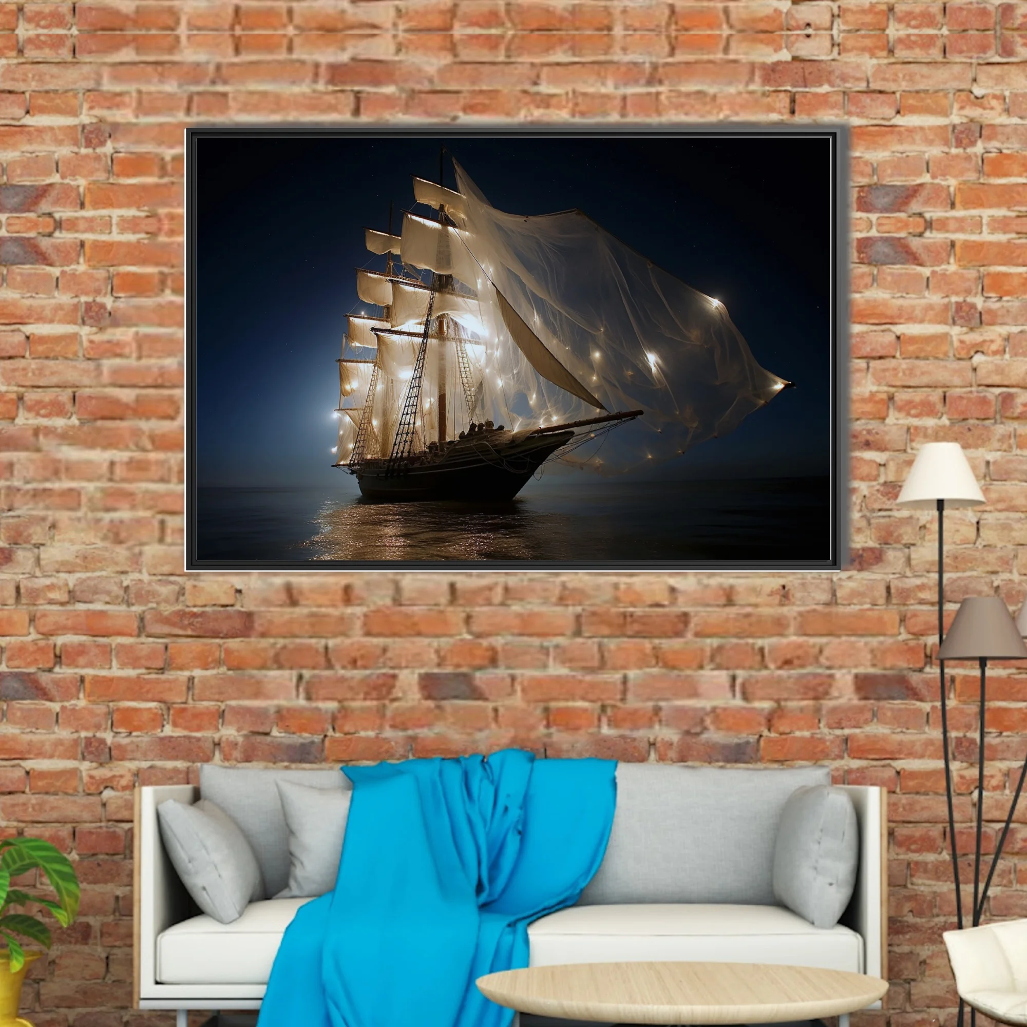 Cinematic tall ship at night with glowing sails and fairy lights on dark ocean