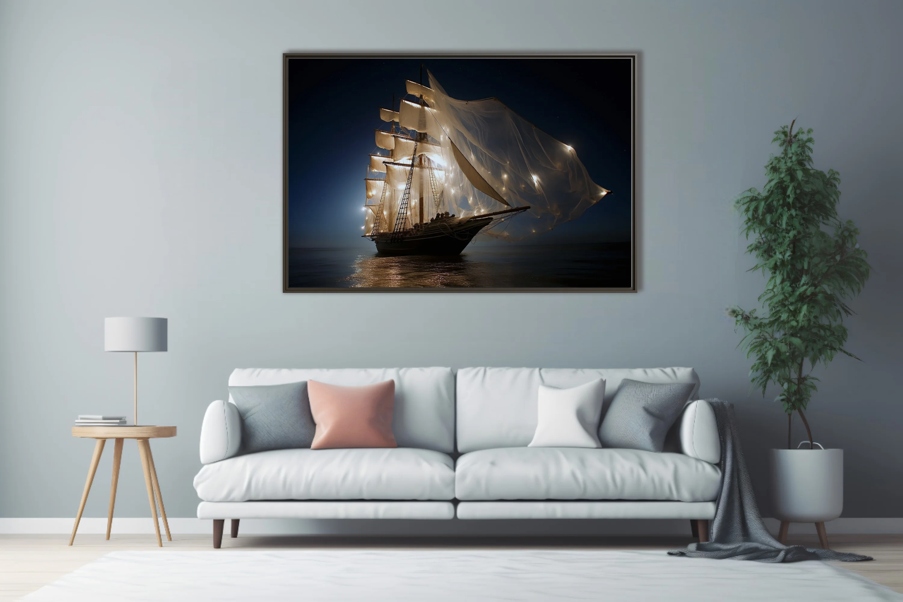 Cinematic tall ship at night with glowing sails and fairy lights on dark ocean