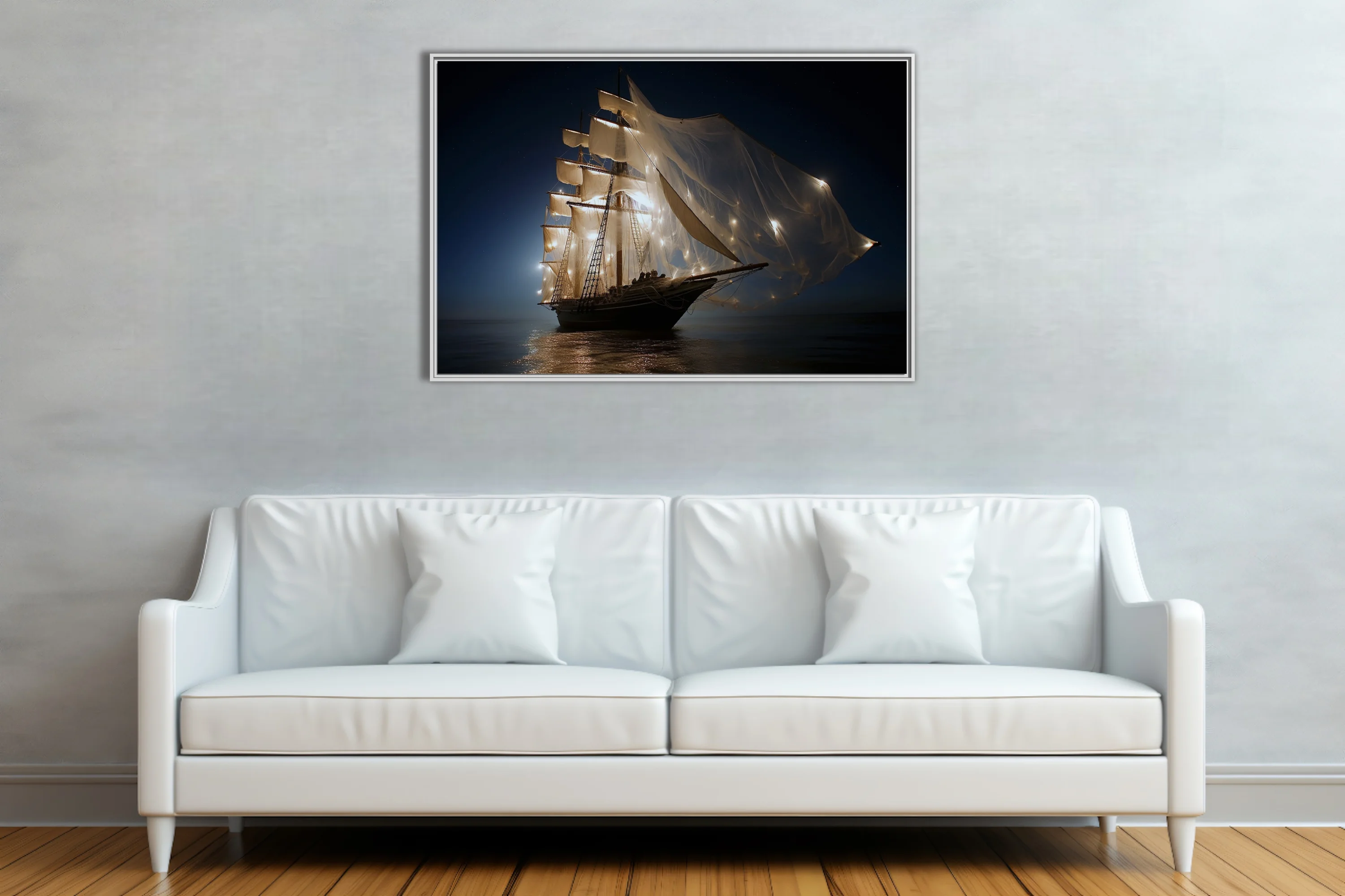 Cinematic tall ship at night with glowing sails and fairy lights on dark ocean