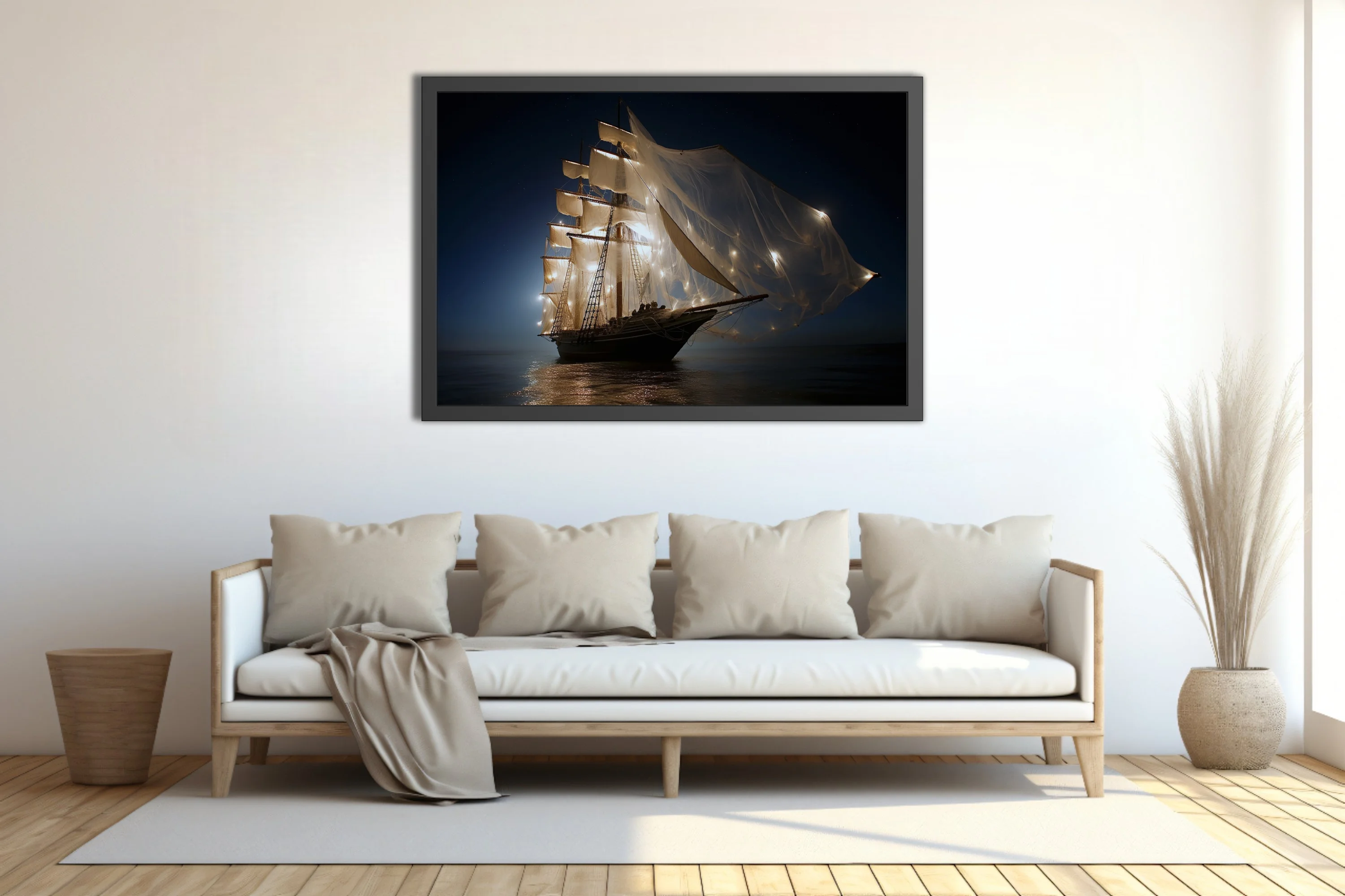Cinematic tall ship at night with glowing sails and fairy lights on dark ocean