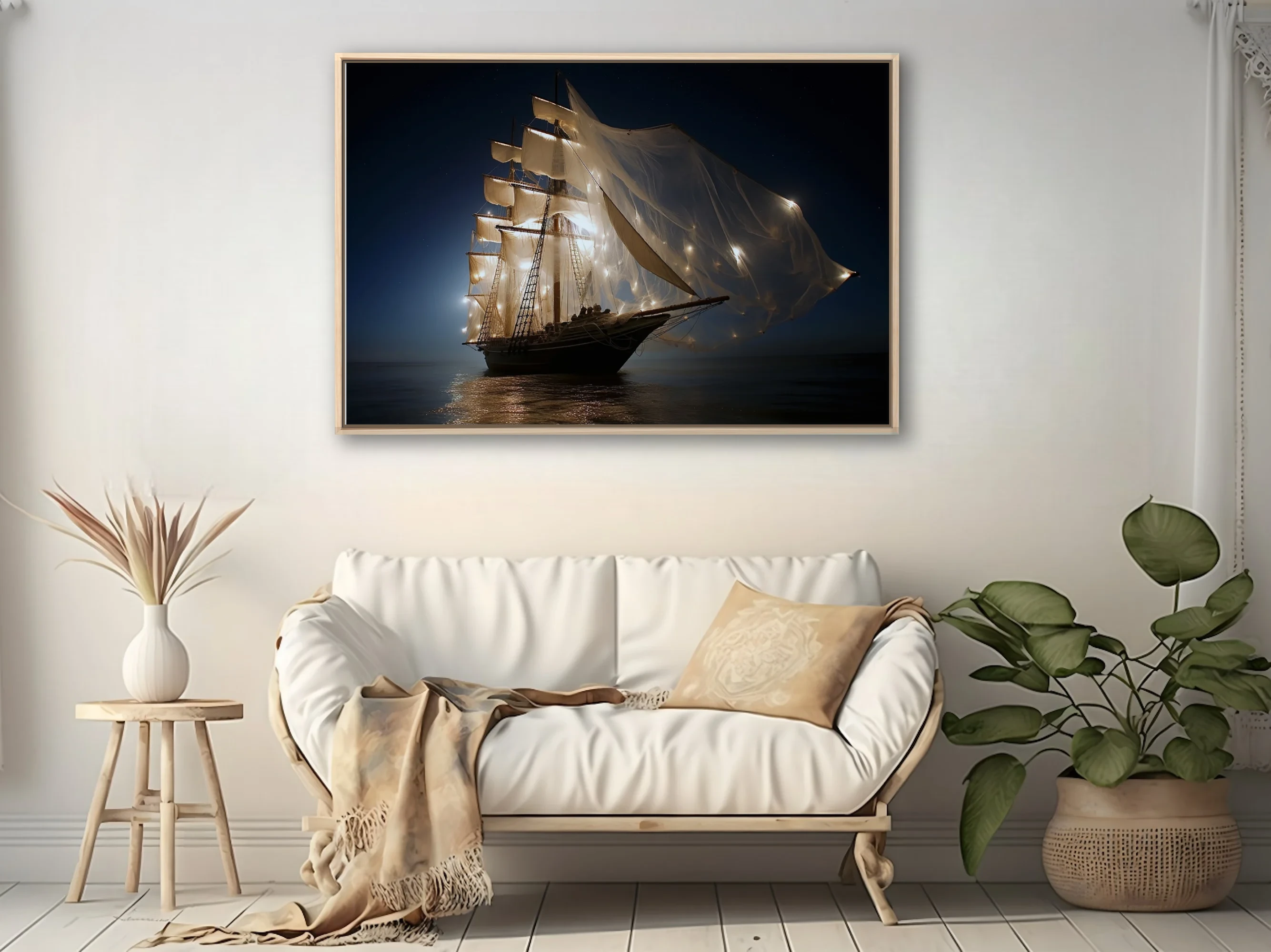 Cinematic tall ship at night with glowing sails and fairy lights on dark ocean